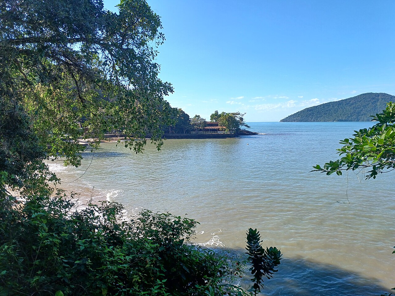 Praia da Fortaleza vista entre a mata, com a ilha ao fundo e o mar calmo.